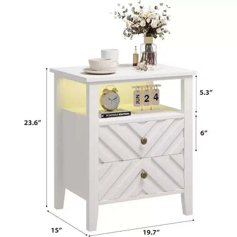 Comodino a LED Marrone/Bianco, Stile Rustico, 2 Cassetti, 1 Persona