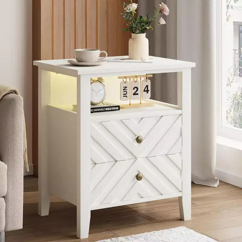Comodino a LED Marrone/Bianco, Stile Rustico, 2 Cassetti, 1 Persona