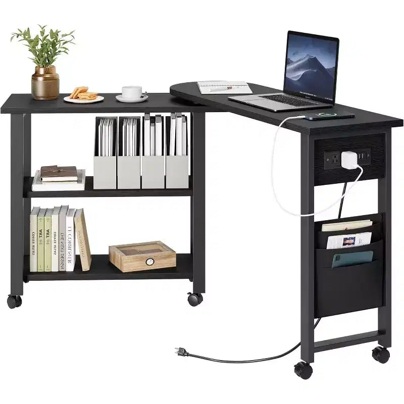Rotating Side Table 360 End Table with Charging Station Swivel Side Table with Extra Storage Bag Movable End Table with 6 Swivel Wheels for Bedroom