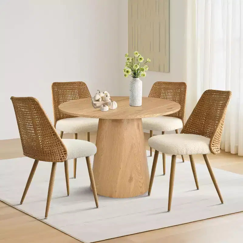 Set da pranzo rotondo con piedistallo in nero/rovere, sedie con schienale in rattan, 4 posti, 5 pezzi