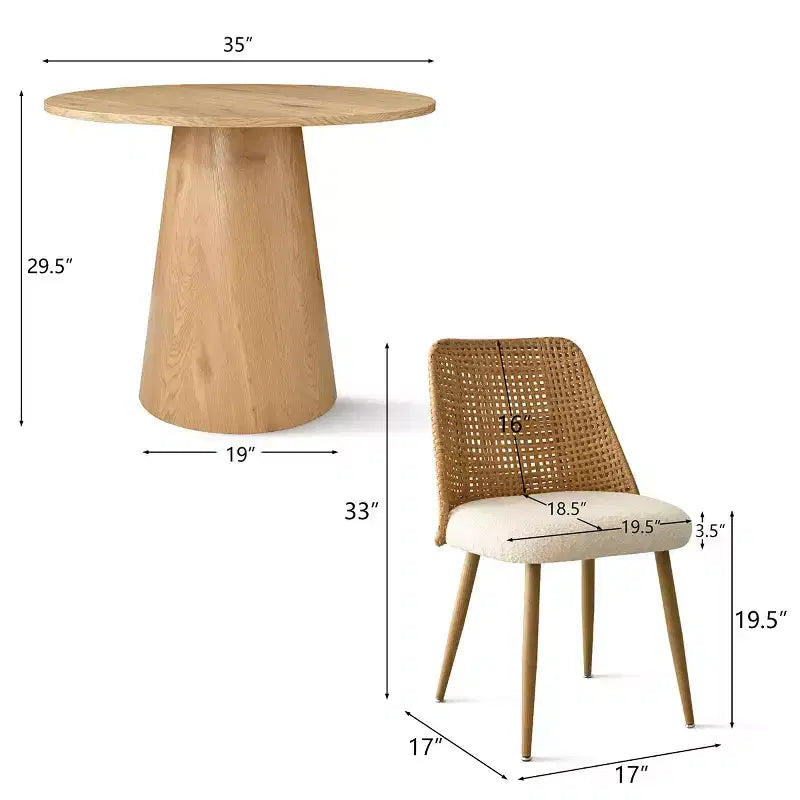 Set da pranzo rotondo con piedistallo in nero/rovere, sedie con schienale in rattan, 4 posti, 5 pezzi