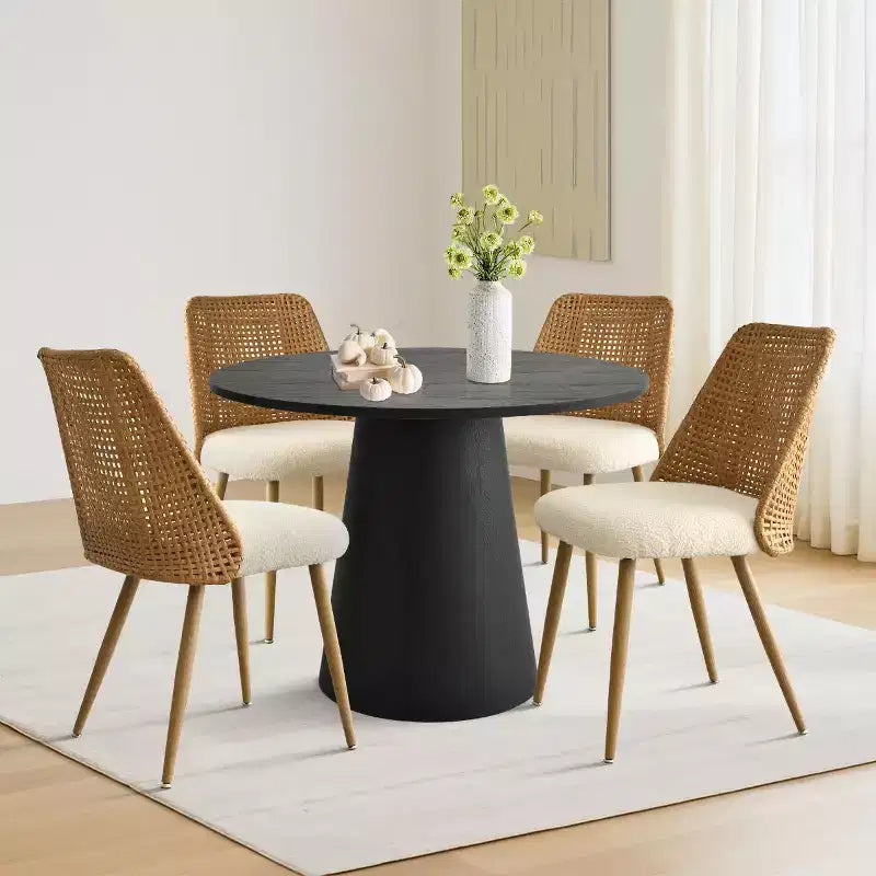 Set da pranzo rotondo con piedistallo in nero/rovere, sedie con schienale in rattan, 4 posti, 5 pezzi