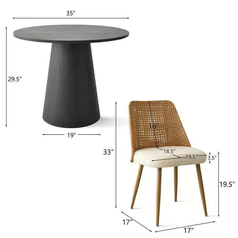 Set da pranzo rotondo con piedistallo in nero/rovere, sedie con schienale in rattan, 4 posti, 5 pezzi