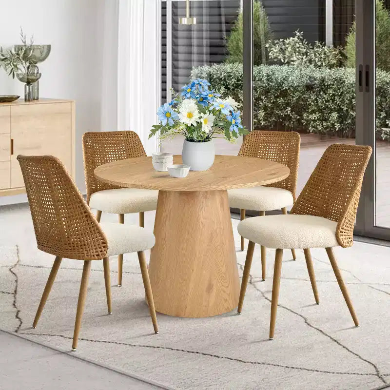 Set da pranzo rotondo con piedistallo in nero/rovere, sedie con schienale in rattan, 4 posti, 5 pezzi