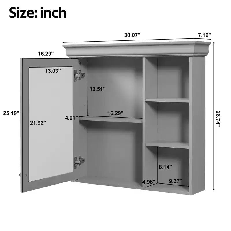 Mobiletto da bagno a parete nero/grigio/bianco con specchio, 3 ripiani, anta singola