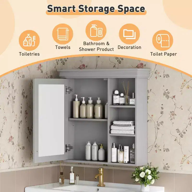 Mobiletto da bagno a parete nero/grigio/bianco con specchio, 3 ripiani, anta singola