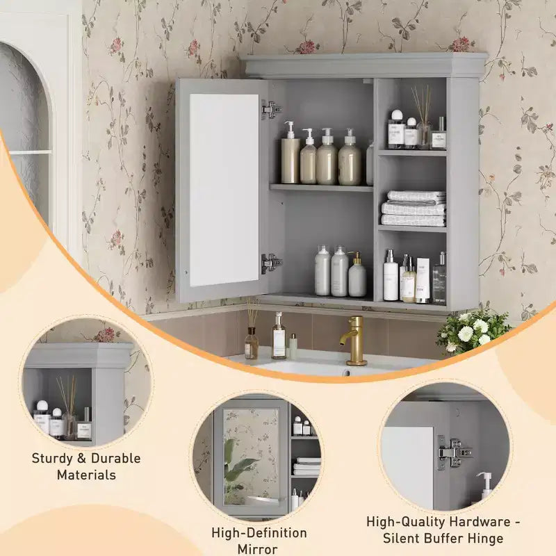 Mobiletto da bagno a parete nero/grigio/bianco con specchio, 3 ripiani, anta singola