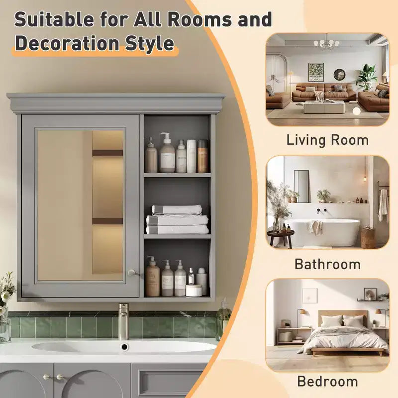 Mobiletto da bagno a parete nero/grigio/bianco con specchio, 3 ripiani, anta singola