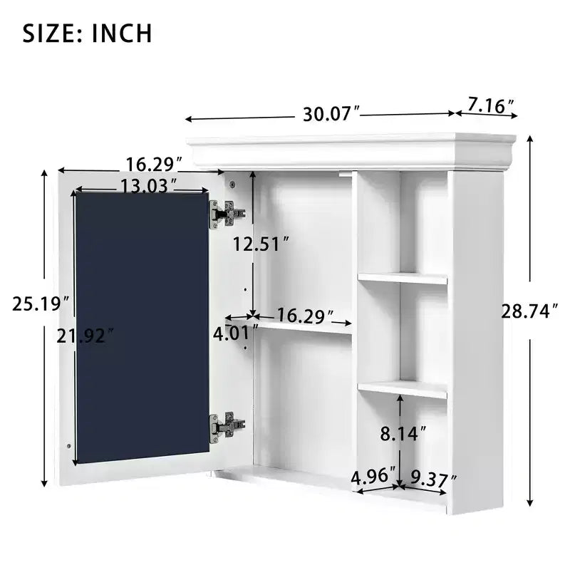 Mobiletto da bagno a parete nero/grigio/bianco con specchio, 3 ripiani, anta singola