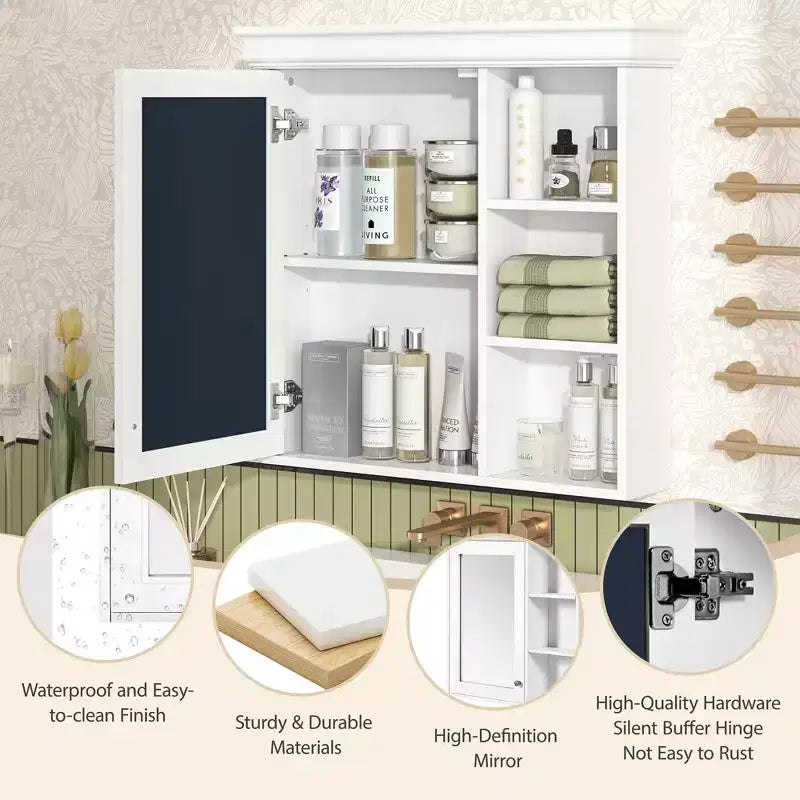 Mobiletto da bagno a parete nero/grigio/bianco con specchio, 3 ripiani, anta singola