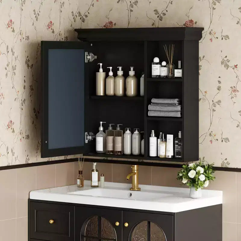 Mobiletto da bagno a parete nero/grigio/bianco con specchio, 3 ripiani, anta singola