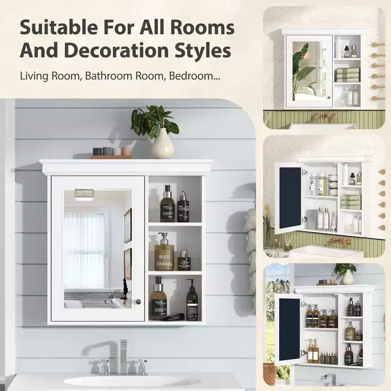 Mobiletto da bagno a parete nero/grigio/bianco con specchio, 3 ripiani, anta singola