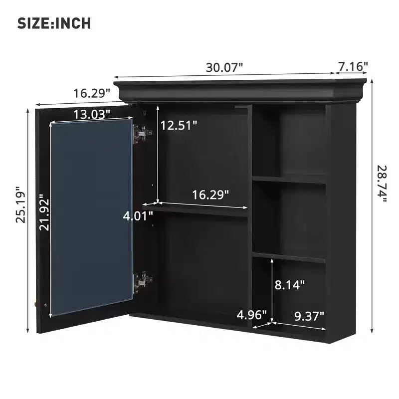 Mobiletto da bagno a parete nero/grigio/bianco con specchio, 3 ripiani, anta singola