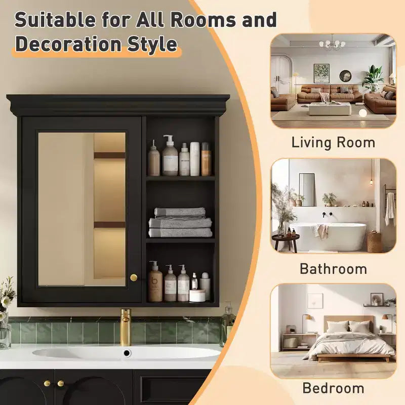 Mobiletto da bagno a parete nero/grigio/bianco con specchio, 3 ripiani, anta singola
