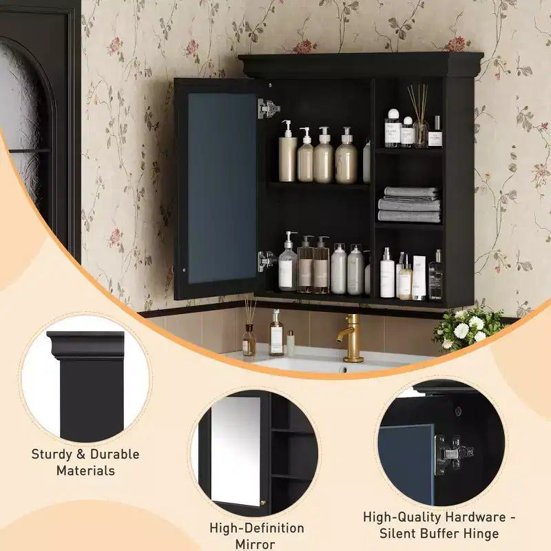 Mobiletto da bagno a parete nero/grigio/bianco con specchio, 3 ripiani, anta singola