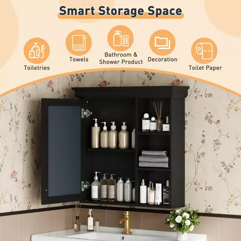 Mobiletto da bagno a parete nero/grigio/bianco con specchio, 3 ripiani, anta singola