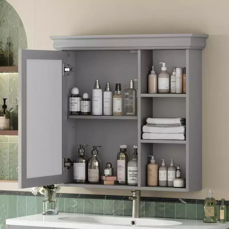Mobiletto da bagno a parete nero/grigio/bianco con specchio, 3 ripiani, anta singola
