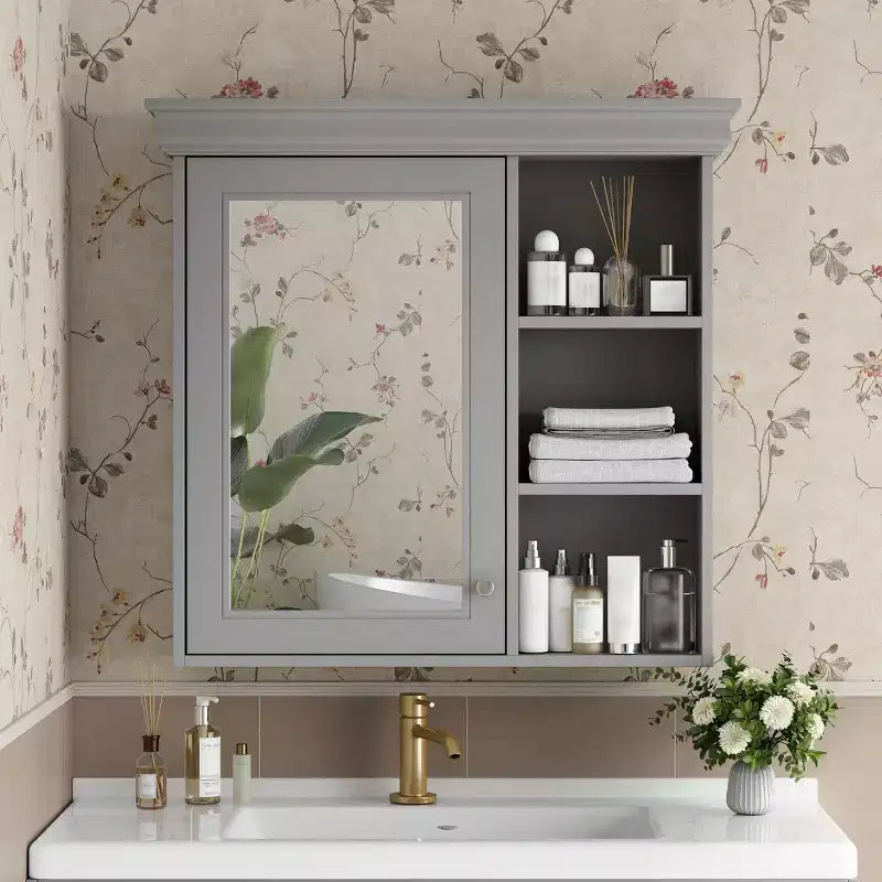 Mobiletto da bagno a parete nero/grigio/bianco con specchio, 3 ripiani, anta singola