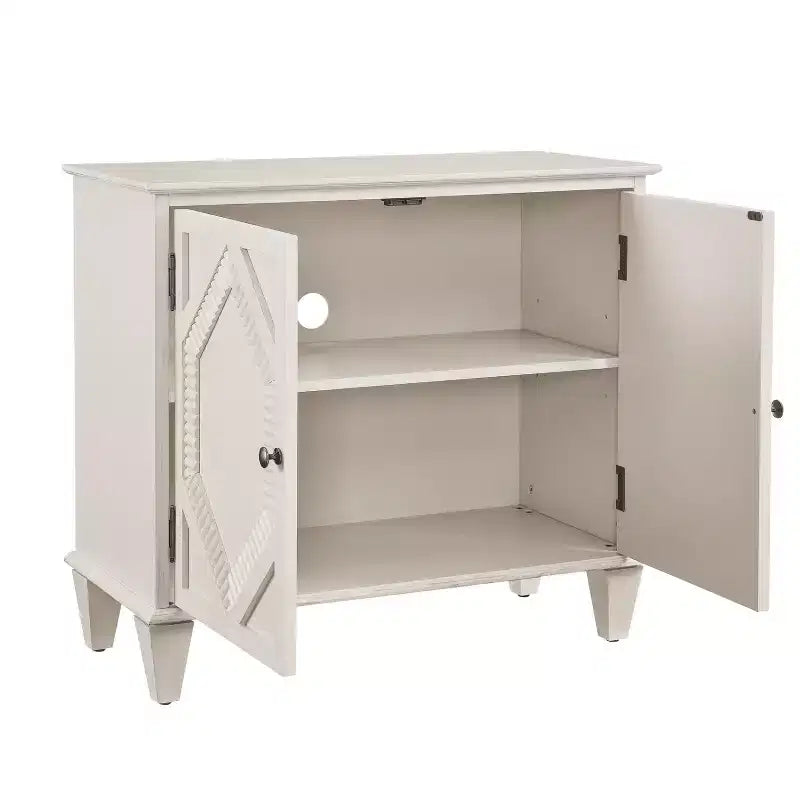 Mobiletto geometrico intagliato in legno bianco, 2 ante, 1 persona