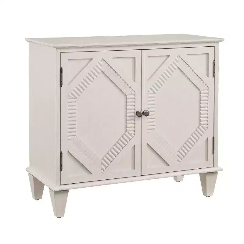 Mobiletto geometrico intagliato in legno bianco, 2 ante, 1 persona