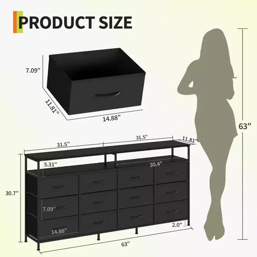 Mobile TV in tessuto da 63", 12 cassetti, Nero/Marrone/Bianco, Adatto per TV da 55-70"