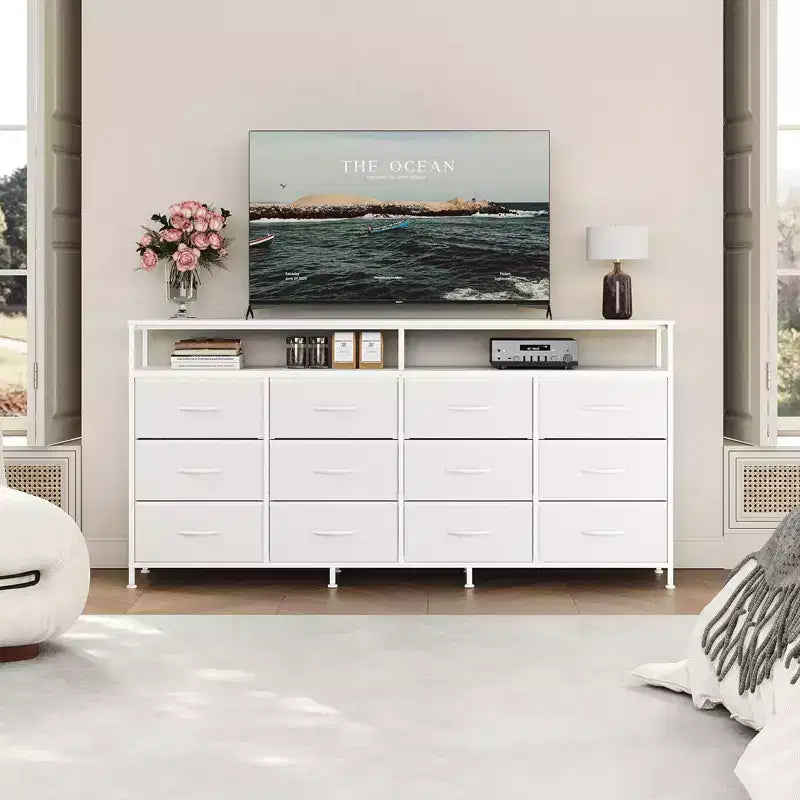 Mobile TV in tessuto da 63", 12 cassetti, Nero/Marrone/Bianco, Adatto per TV da 55-70"