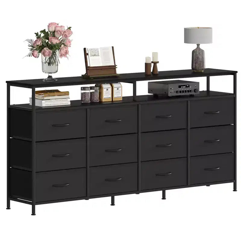 63 Long Dresser with 12 Drawers, TV Stand for 55/65/70 Inch TV, Fabric Dresser TV Stand for Bedroom Living Room, Chest of Drawers with Open Shelves