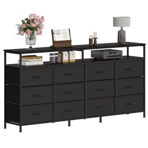 63 Long Dresser with 12 Drawers, TV Stand for 55/65/70 Inch TV, Fabric Dresser TV Stand for Bedroom Living Room, Chest of Drawers with Open Shelves