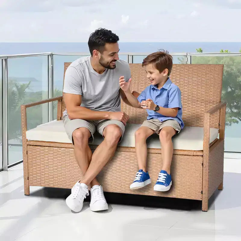Panca contenitore da esterno in polyrattan marrone, 2 posti