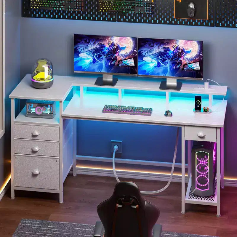Scrivania da gaming bianca con luci LED, stazione di ricarica e contenitore, singolo