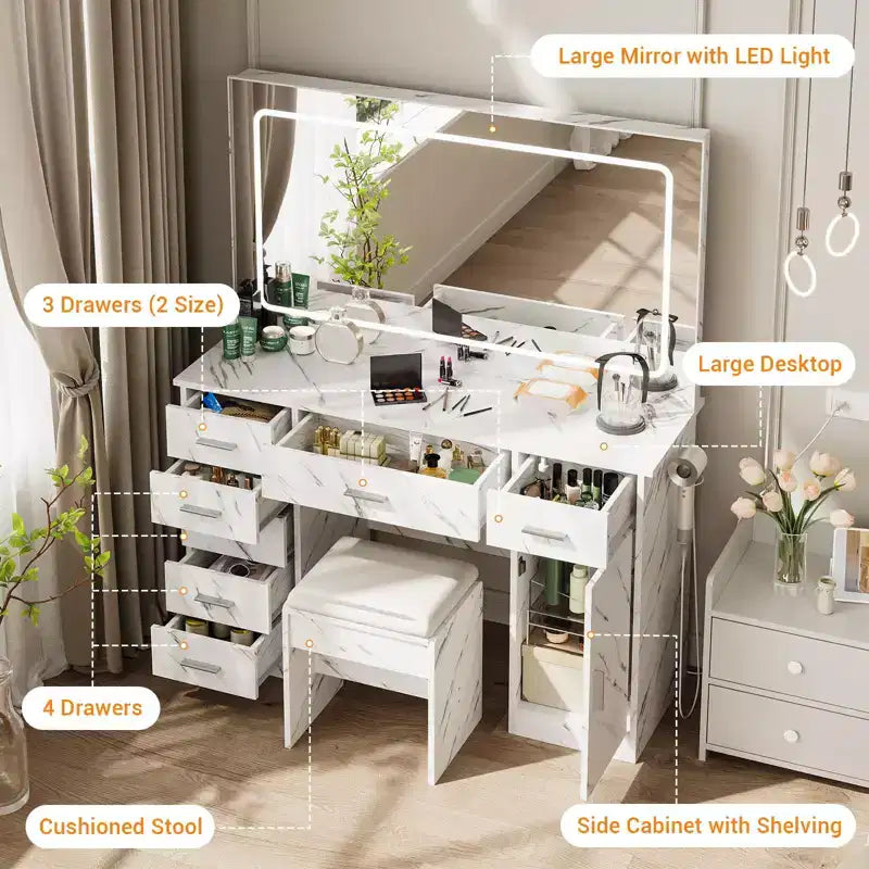Tavolino da trucco con stampa in marmo e specchio illuminato a LED, moderno tavolo da trucco con cassetti multipli, set da trucco con sgabello per camera da letto