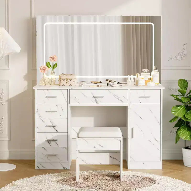 Tavolino da trucco con stampa in marmo e specchio illuminato a LED, moderno tavolo da trucco con cassetti multipli, set da trucco con sgabello per camera da letto