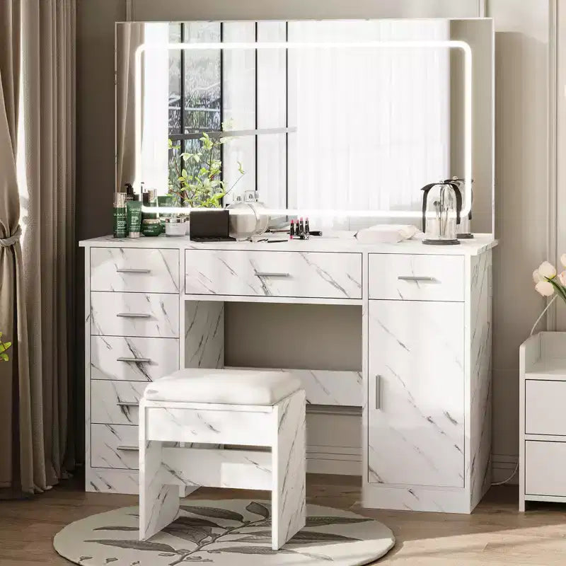 Tavolino da trucco con stampa in marmo e specchio illuminato a LED, moderno tavolo da trucco con cassetti multipli, set da trucco con sgabello per camera da letto