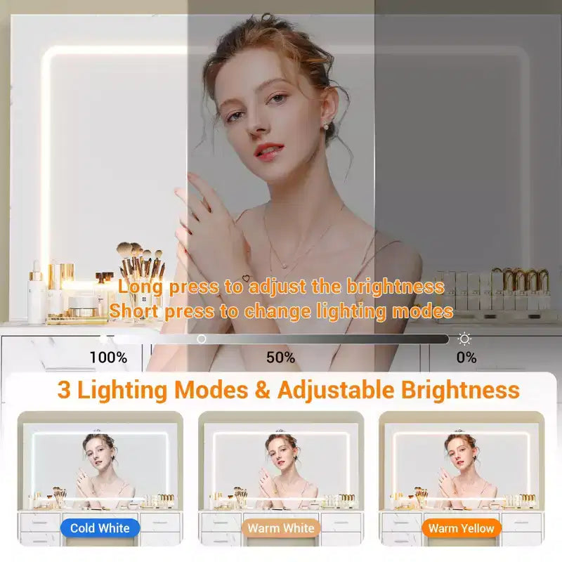 Tavolino da trucco con stampa in marmo e specchio illuminato a LED, moderno tavolo da trucco con cassetti multipli, set da trucco con sgabello per camera da letto