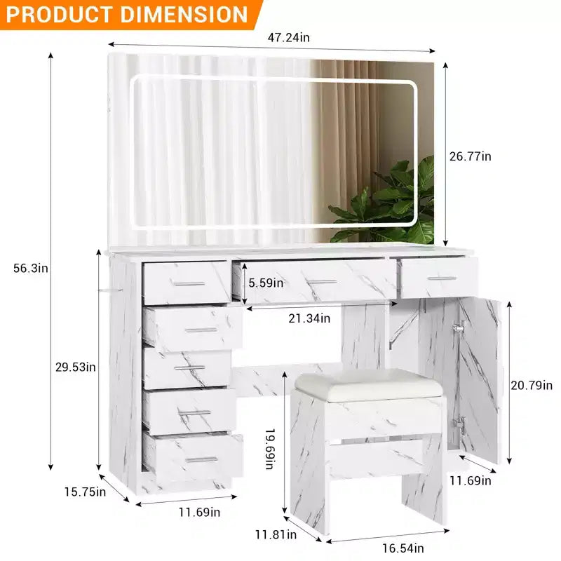 Tavolino da trucco con stampa in marmo e specchio illuminato a LED, moderno tavolo da trucco con cassetti multipli, set da trucco con sgabello per camera da letto