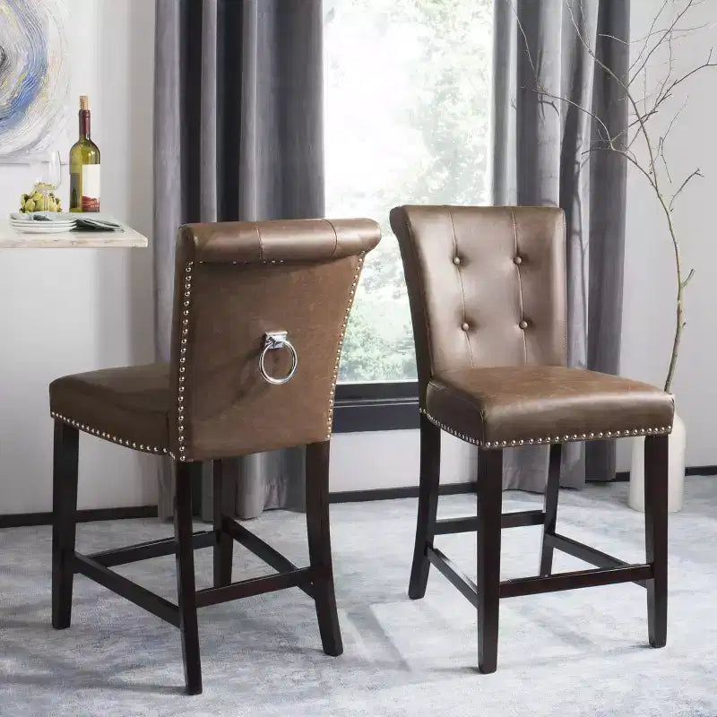 Sgabello da bancone, Beige/Marrone/Grigio chiaro, Schienale medio trapuntato, Set da 2