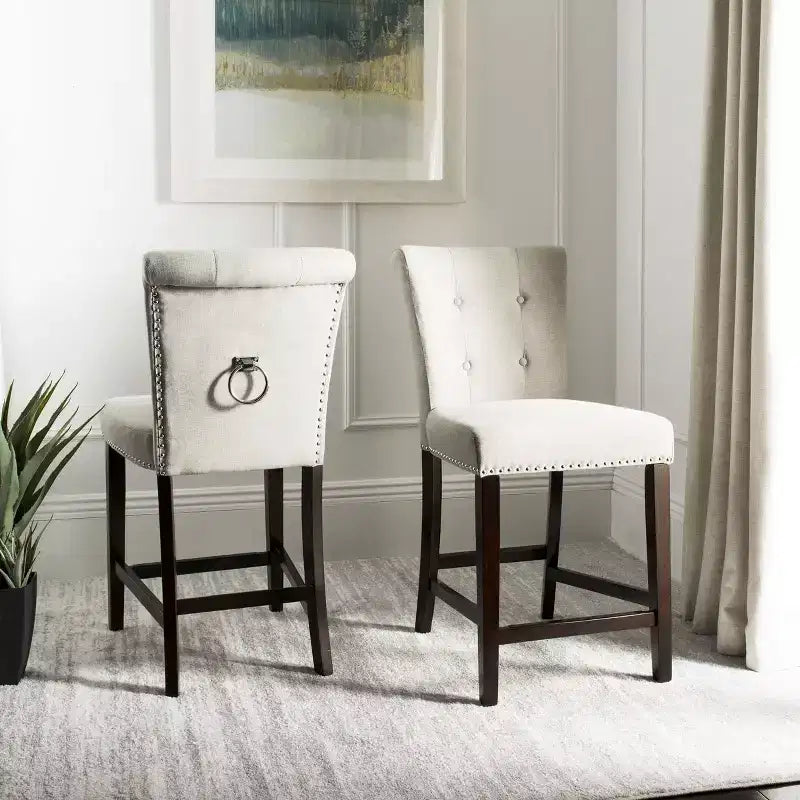 Sgabello da bancone, Beige/Marrone/Grigio chiaro, Schienale medio trapuntato, Set da 2
