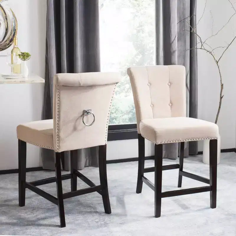 Sgabello da bancone, Beige/Marrone/Grigio chiaro, Schienale medio trapuntato, Set da 2