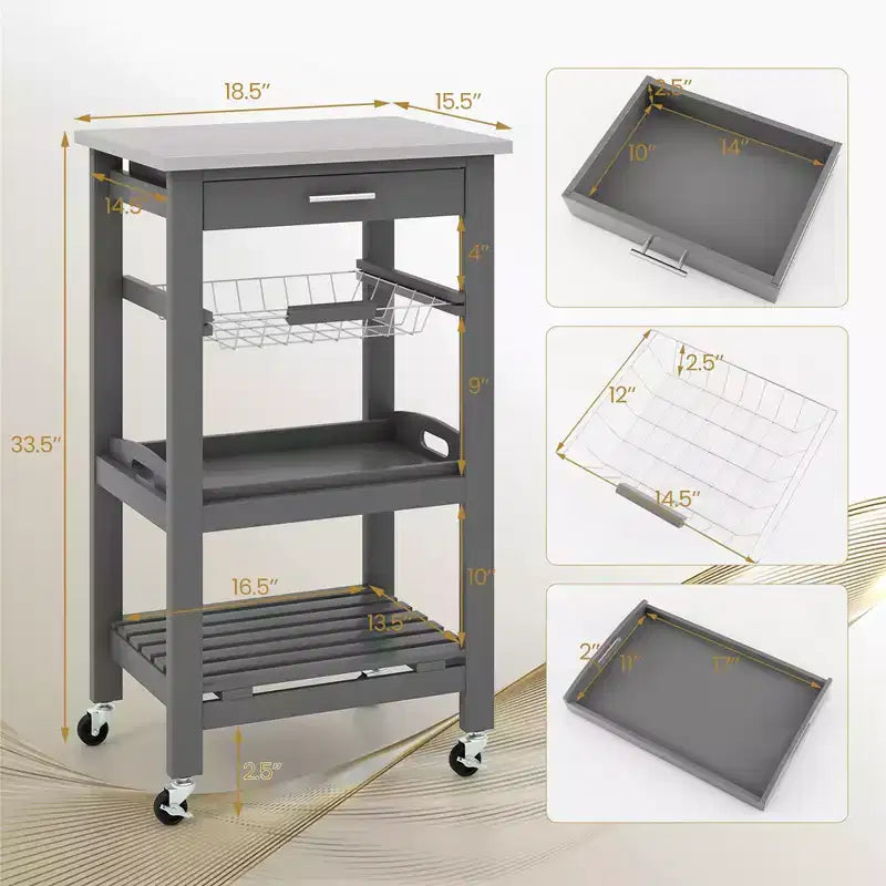 Carrello da cucina con isola, rotante, bianco/nero/grigio con ripiano in acciaio inossidabile, monoposto