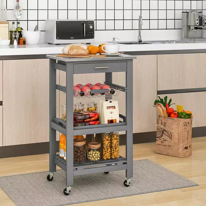 Carrello da cucina con isola, rotante, bianco/nero/grigio con ripiano in acciaio inossidabile, monoposto