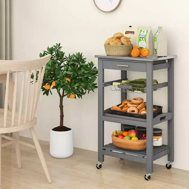 Carrello da cucina con isola, rotante, bianco/nero/grigio con ripiano in acciaio inossidabile, monoposto