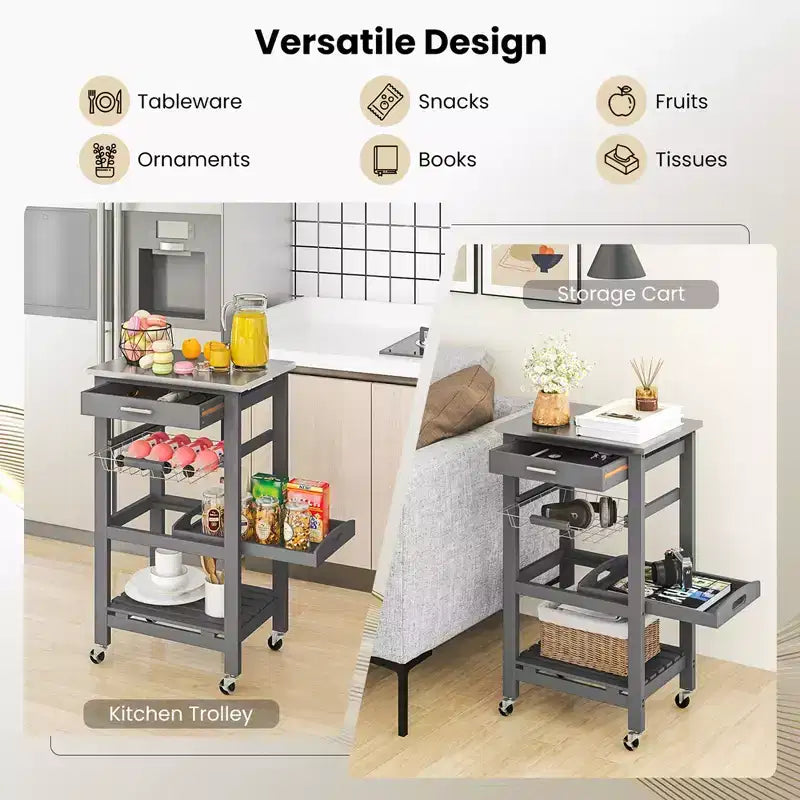 Carrello da cucina con isola, rotante, bianco/nero/grigio con ripiano in acciaio inossidabile, monoposto