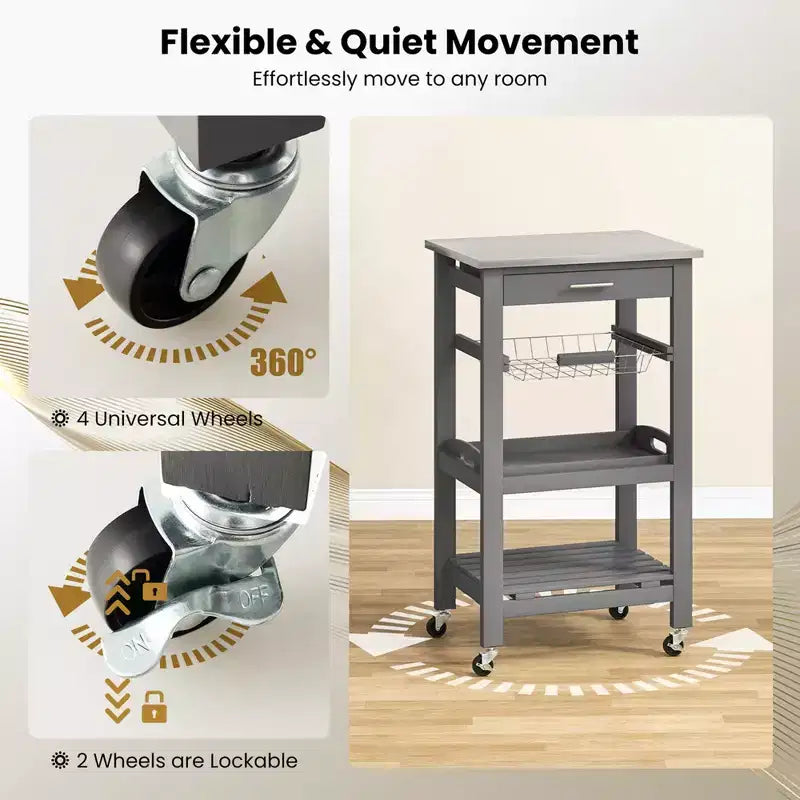 Carrello da cucina con isola, rotante, bianco/nero/grigio con ripiano in acciaio inossidabile, monoposto