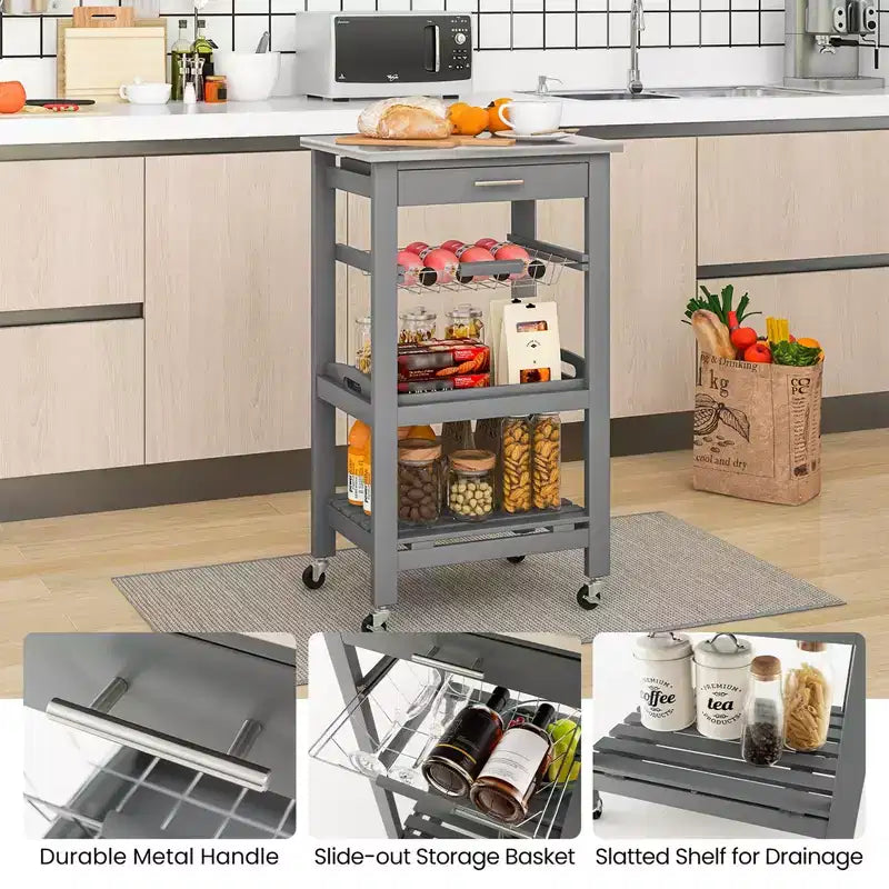 Carrello da cucina con isola, rotante, bianco/nero/grigio con ripiano in acciaio inossidabile, monoposto