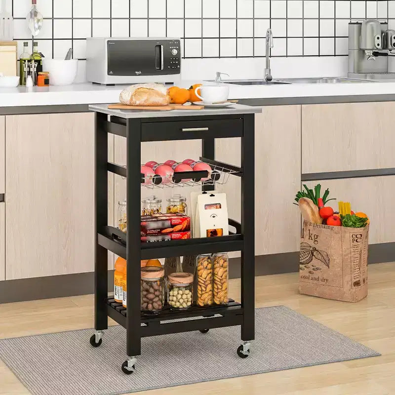 Carrello da cucina con isola, rotante, bianco/nero/grigio con ripiano in acciaio inossidabile, monoposto
