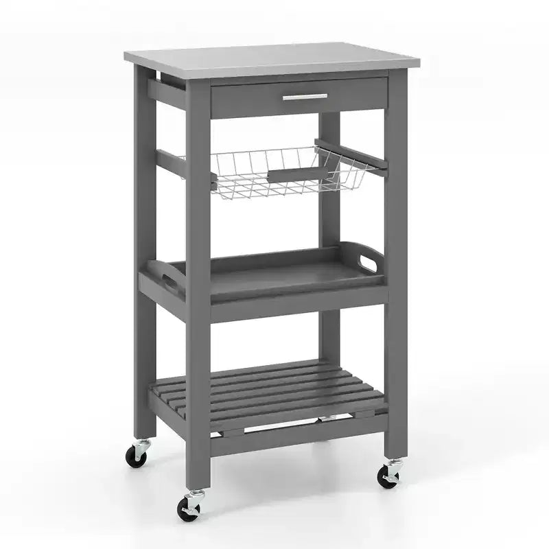 Carrello da cucina con isola, rotante, bianco/nero/grigio con ripiano in acciaio inossidabile, monoposto