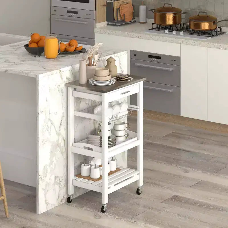 Carrello da cucina con isola, rotante, bianco/nero/grigio con ripiano in acciaio inossidabile, monoposto