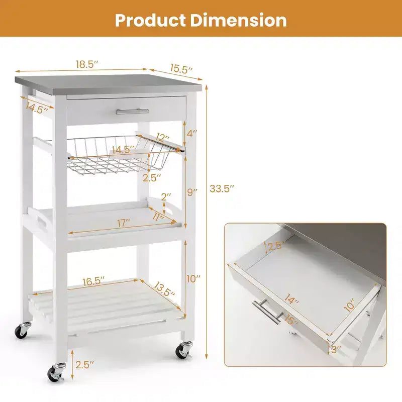 Carrello da cucina con isola, rotante, bianco/nero/grigio con ripiano in acciaio inossidabile, monoposto