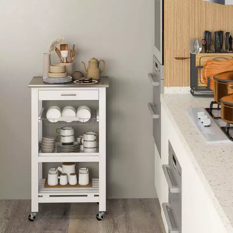 Carrello da cucina con isola, rotante, bianco/nero/grigio con ripiano in acciaio inossidabile, monoposto