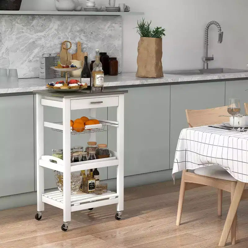 Carrello da cucina con isola, rotante, bianco/nero/grigio con ripiano in acciaio inossidabile, monoposto